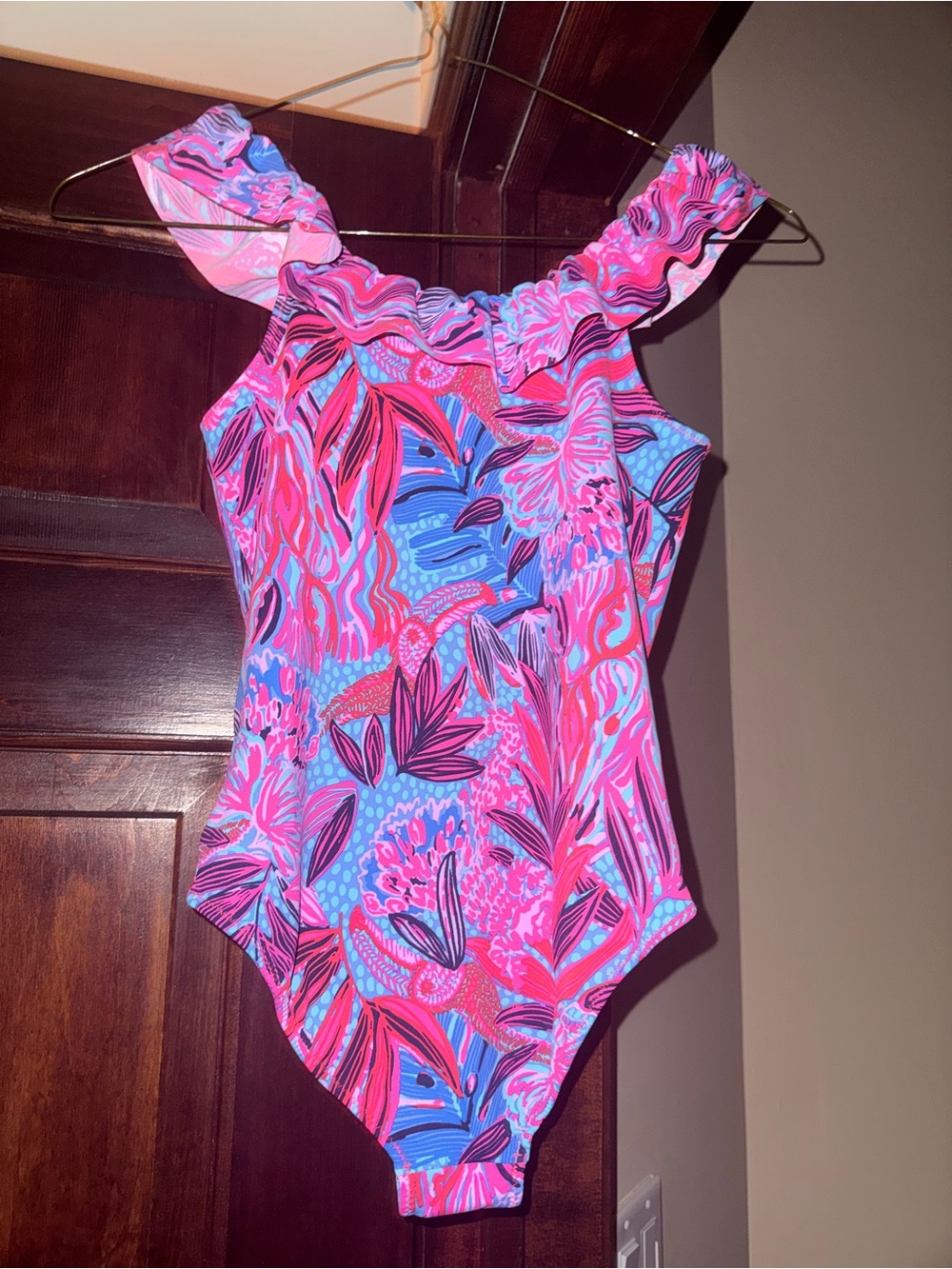 Lilly Pulitzer Girl’s size 12 Pink Blue Tropical Print one piece Swimsuit kids